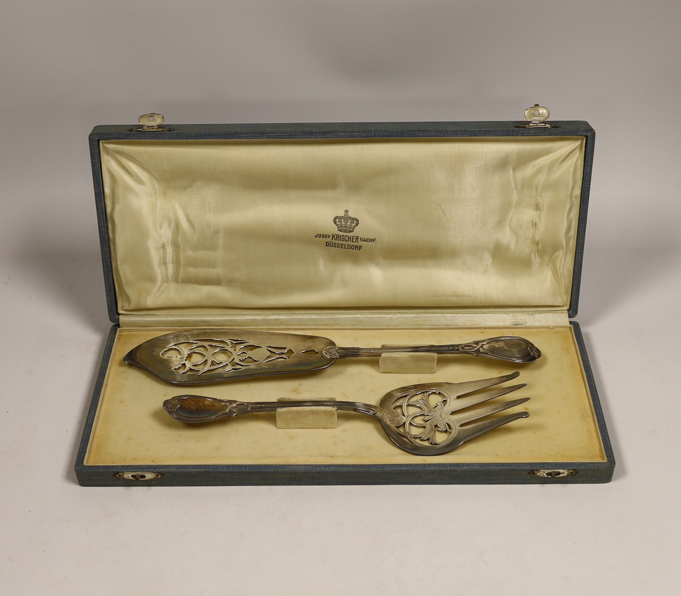 A cased pair of German 800 standard white metal fish servers by Josef Krischer, knife 29.4cm, 7.8oz.